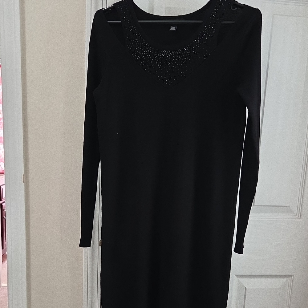Cable & Gauge Black Long Sleeve Dress with Embellished Neckline